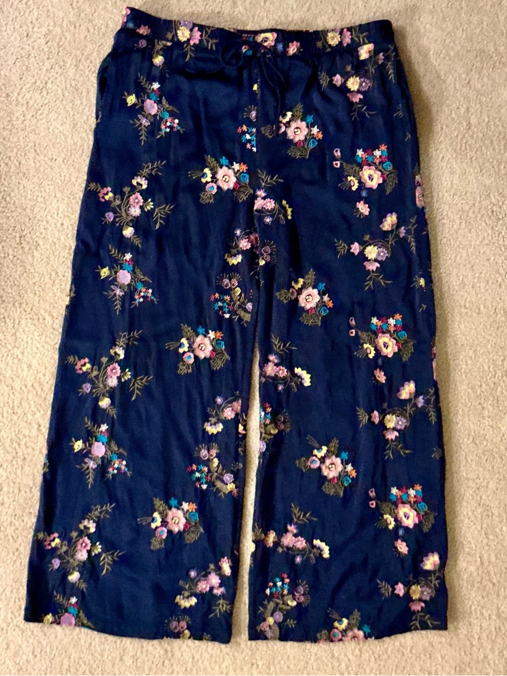 Johnny Was Navy Embroidered Floral Pants